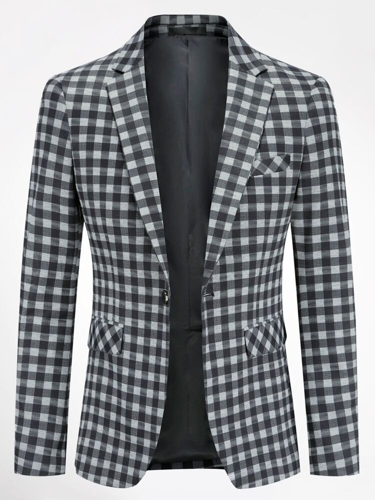 CLOUDSTYLE Men Gingham Print Single Button Blazer - Black and White - View 1