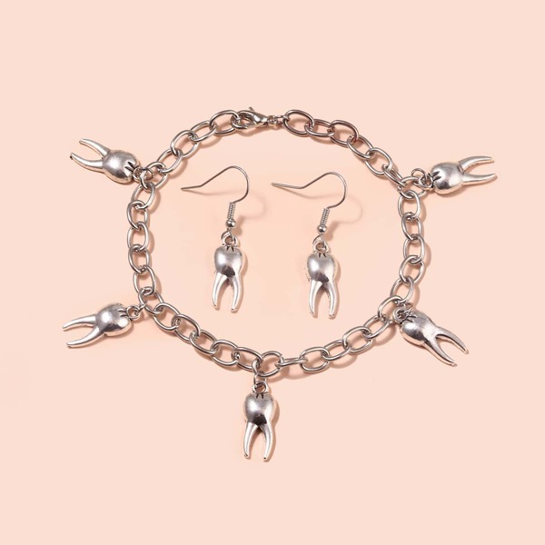 

Teeth Charm Bracelet & Drop Earrings, Silver