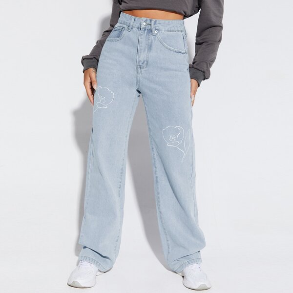 

Floral Print Boyfriend Jeans, Light wash