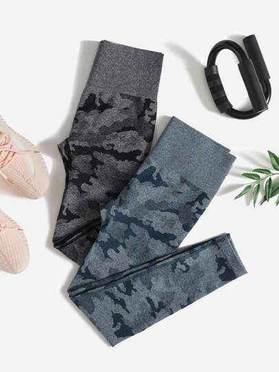 2 طقم سراويل يوجا بنمط كامو، مصنوعة من محبوك متوشح بخيوط ملونة، قماش مرن للغاية مناسب للتمارين الرياضية