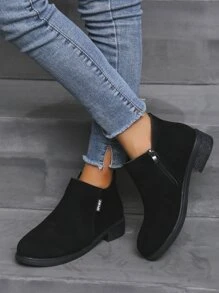 Women Vintage Handmade Velvet Ankle Boots Block Heel Short Boots - Black - View 1