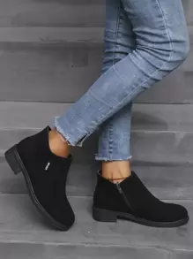 Women Vintage Handmade Velvet Ankle Boots Block Heel Short Boots - Black - View 4