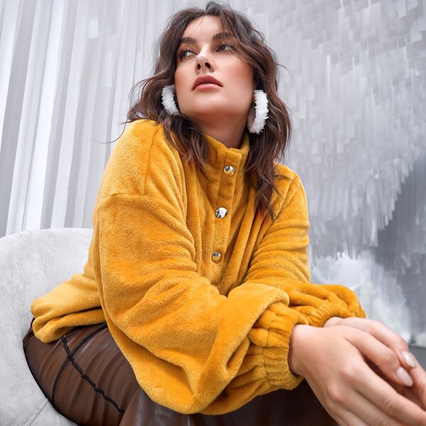 

Plus Lantern Sleeve Single Breasted Sweatshirt, Yellow
