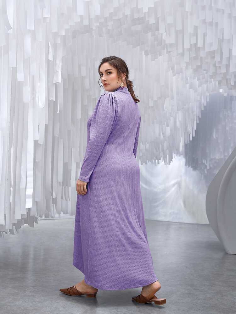 Modelyn Plus Mock Neck High Low Textured Dress Without Belt - Violet Purple - View 4
