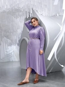 Modelyn 大碼小高領前短後長紋理質感不附腰帶連衣裙 - 紫羅蘭色 - 查看 5