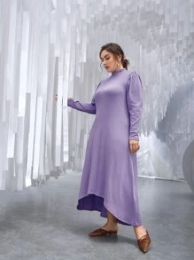 Modelyn 大碼小高領前短後長紋理質感不附腰帶連衣裙 - 紫羅蘭色 - 查看 7