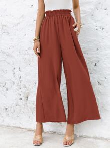 Simplee Frill Elastic Waist Wide Leg Trousers Without Belt - Rust Brown - View 1