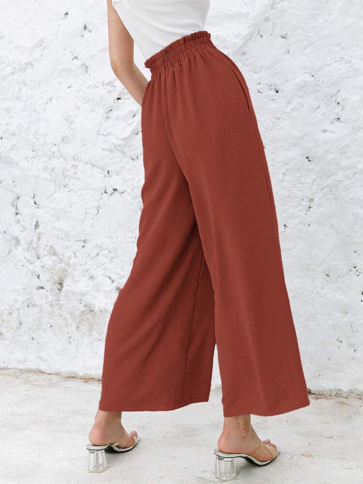 Ficka Paper Bag Pants Slätt Enkel Kvinnor Byxor - Rostad brun - Visa 2