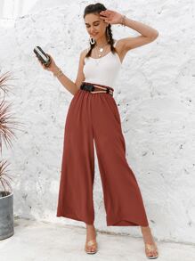 Simplee Frill Elastic Waist Wide Leg Trousers Without Belt - Rust Brown - View 3