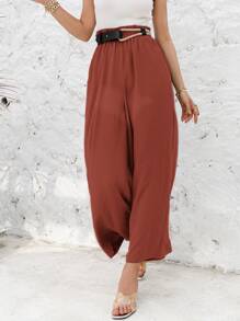 Simplee Frill Elastic Waist Wide Leg Trousers Without Belt - Rust Brown - View 4