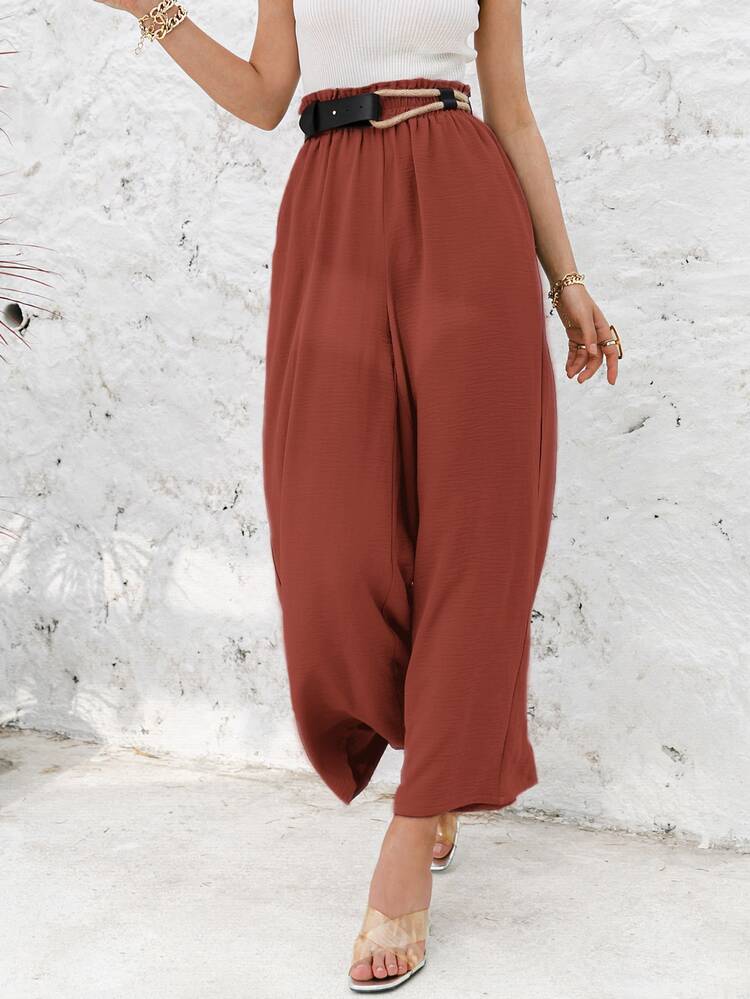 Ficka Paper Bag Pants Slätt Enkel Kvinnor Byxor - Rostad brun - Visa 4