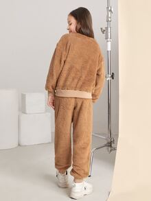 SHEIN 女孩1入組字母刺繡毛絨套頭衫和1入組束腳褲 - 摩卡棕 - 查看 3