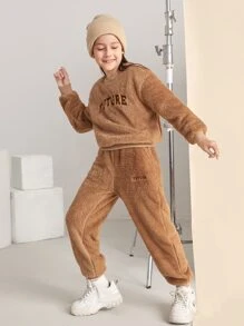 SHEIN 女孩1入組字母刺繡毛絨套頭衫和1入組束腳褲 - 摩卡棕 - 查看 1