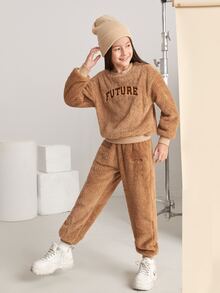 SHEIN 女孩1入組字母刺繡毛絨套頭衫和1入組束腳褲 - 摩卡棕 - 查看 8