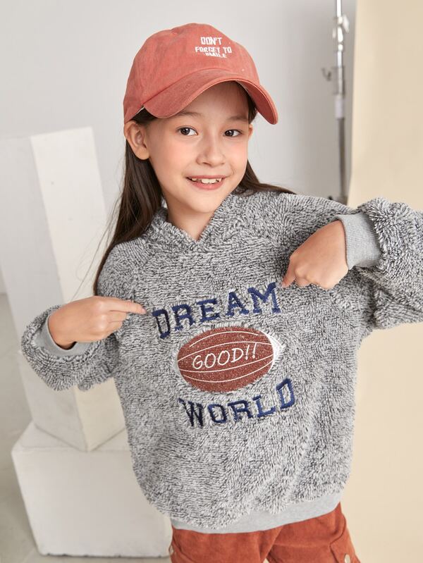 SHEIN Girls 1 PC Slogan Embroidery Teddy Hoodie