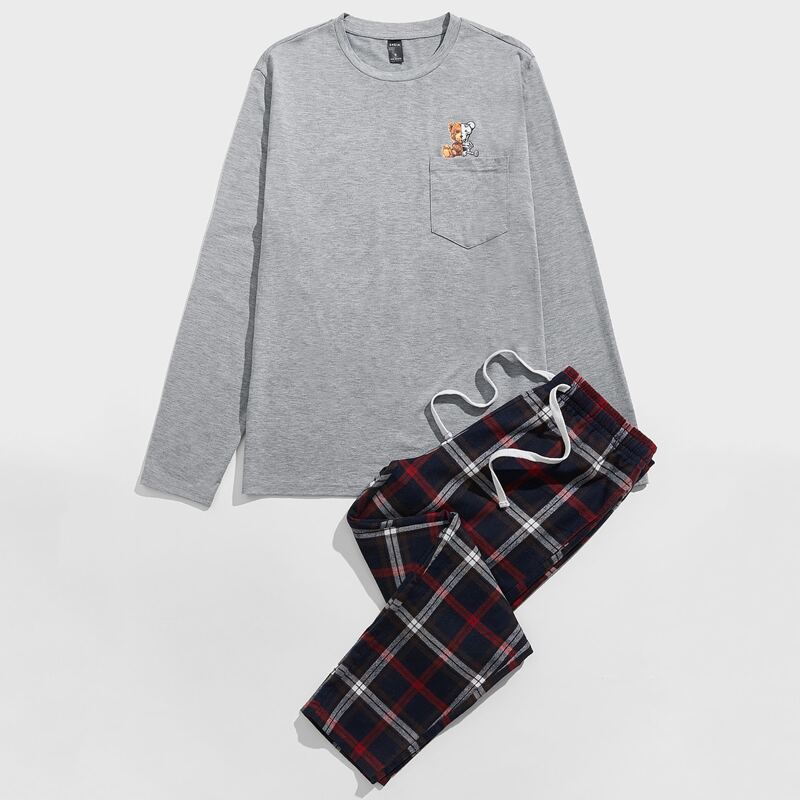 

Guys Bear Print Pocket Front Tee & Plaid Drawstring Waist Pants Lounge Set, Multicolor