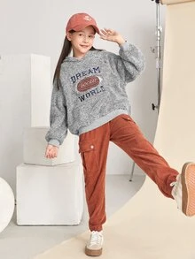 SHEIN Tween Girl 1 PC Slogan Embroidery Teddy Sweatshirt - Light Grey - View 5