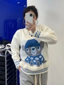 卡通圖案條紋邊套頭衫毛衣 - 白色 - 查看 2