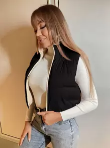 SHEIN Essnce Zip Up Sleeveless Padded Coat - Black - View 1