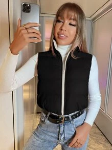 SHEIN Essnce Zip Up Sleeveless Padded Coat - Black - View 3