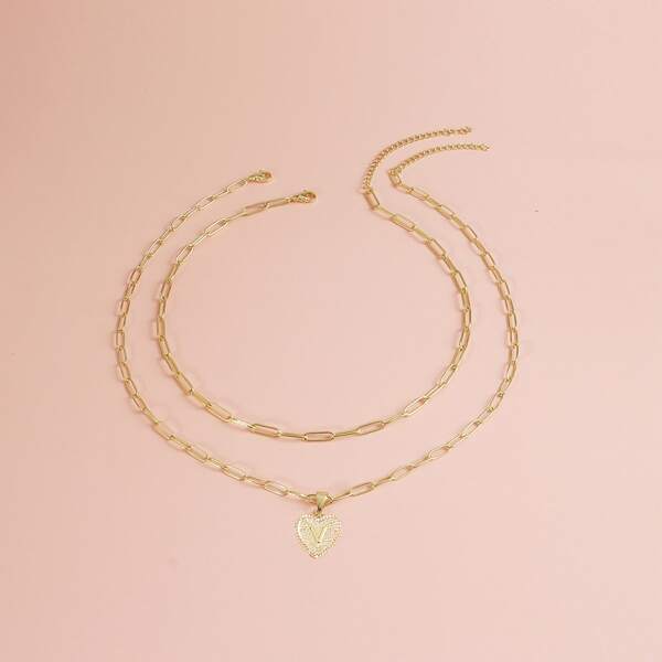 

2pcs Heart Pendant Necklace, Gold