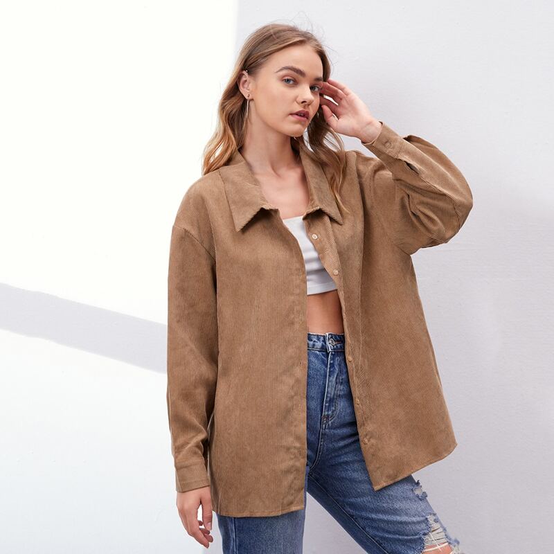 

Solid Corduroy Button Front Blouse, Mocha brown