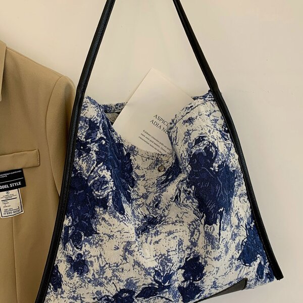 

Contrast Binding Graphic Canvas Shopper Bag, Blue and white