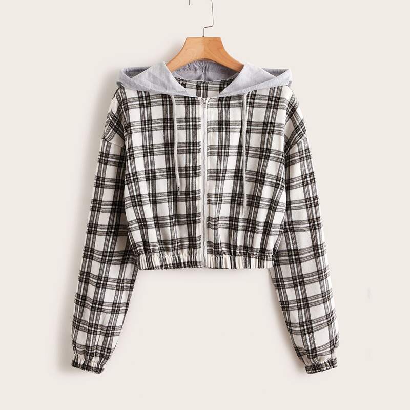 

Plaid Zip Up Drawstring Jacket, Multicolor