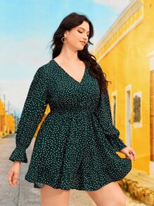 SHEIN Jumpsuits Plus Size Nút Cắt ra Viên lá sen Chấm bi Boho - Màu xanh lá cây đậm - Xem 3