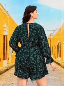 SHEIN Jumpsuits Plus Size Nút Cắt ra Viên lá sen Chấm bi Boho - Màu xanh lá cây đậm - Xem 2