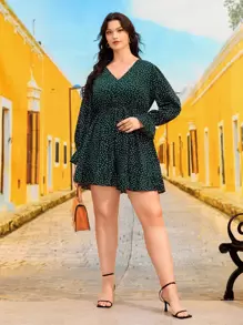 SHEIN Jumpsuits Plus Size Nút Cắt ra Viên lá sen Chấm bi Boho - Màu xanh lá cây đậm - Xem 1