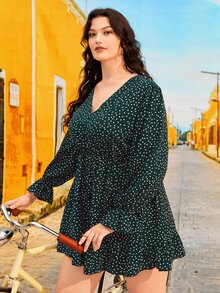 SHEIN Jumpsuits Plus Size Nút Cắt ra Viên lá sen Chấm bi Boho - Màu xanh lá cây đậm - Xem 5
