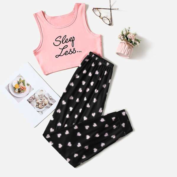 

Letter & Allover Heart Print PJ Set, Multicolor