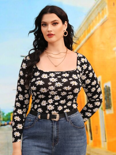 Plus Floral Print Scoop Neck Tee
