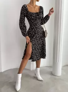 Chiquease Ditsy Floral Knot Front Split Hem Dress - Multicolor - View 1