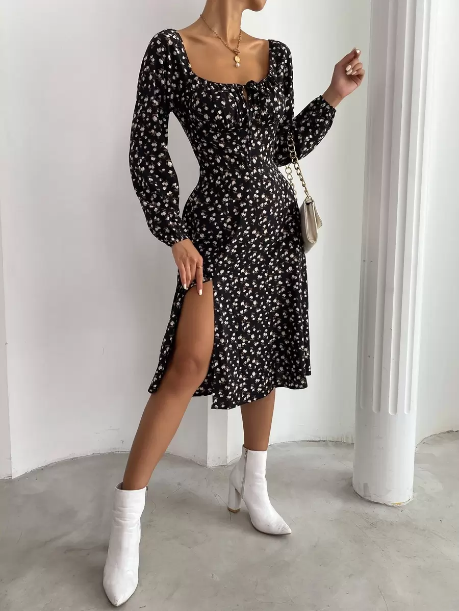 Chiquease Ditsy Floral Knot Front Split Hem Dress - Multicolor - View 1