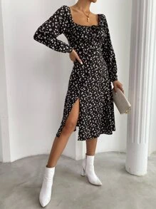 Chiquease Ditsy Floral Knot Front Split Hem Dress - Multicolor - View 6