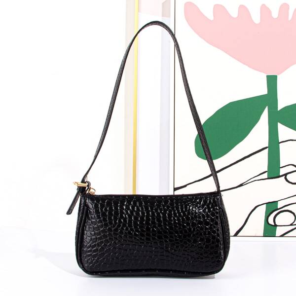 

Croc Embossed Baguette Bag, Black
