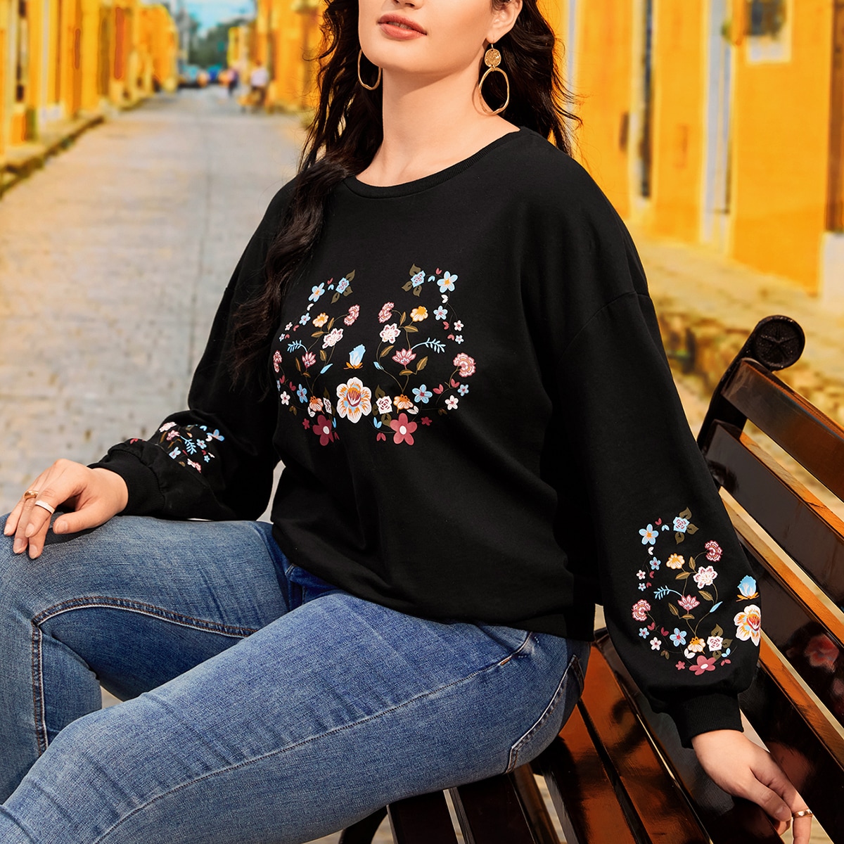 размера плюс Пуловер с цветочным принтом