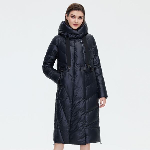 

O-ring Detail Zip Pocket Puffer Winter Coat, Navy blue