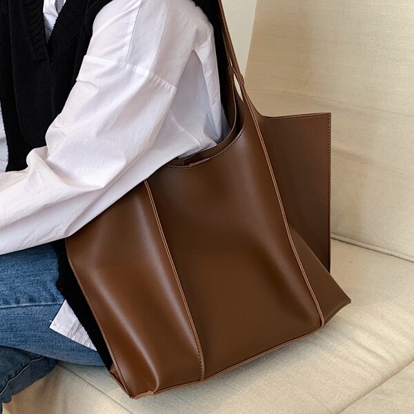 

Stitch Detail Shoulder Tote Bag, Brown