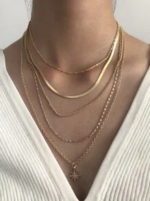 Star Pendant Layered Necklace - Yellow Gold - View 1