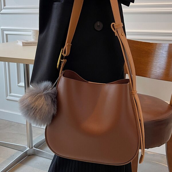 

Minimalist Pom-Pom Decor Bucket Bag, Coffee brown