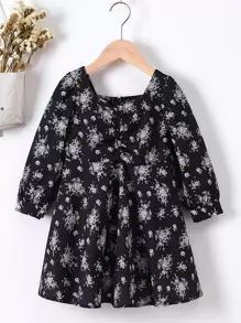 Toddler Girls Sweetheart Neck Floral Print Dress - Black - View 1