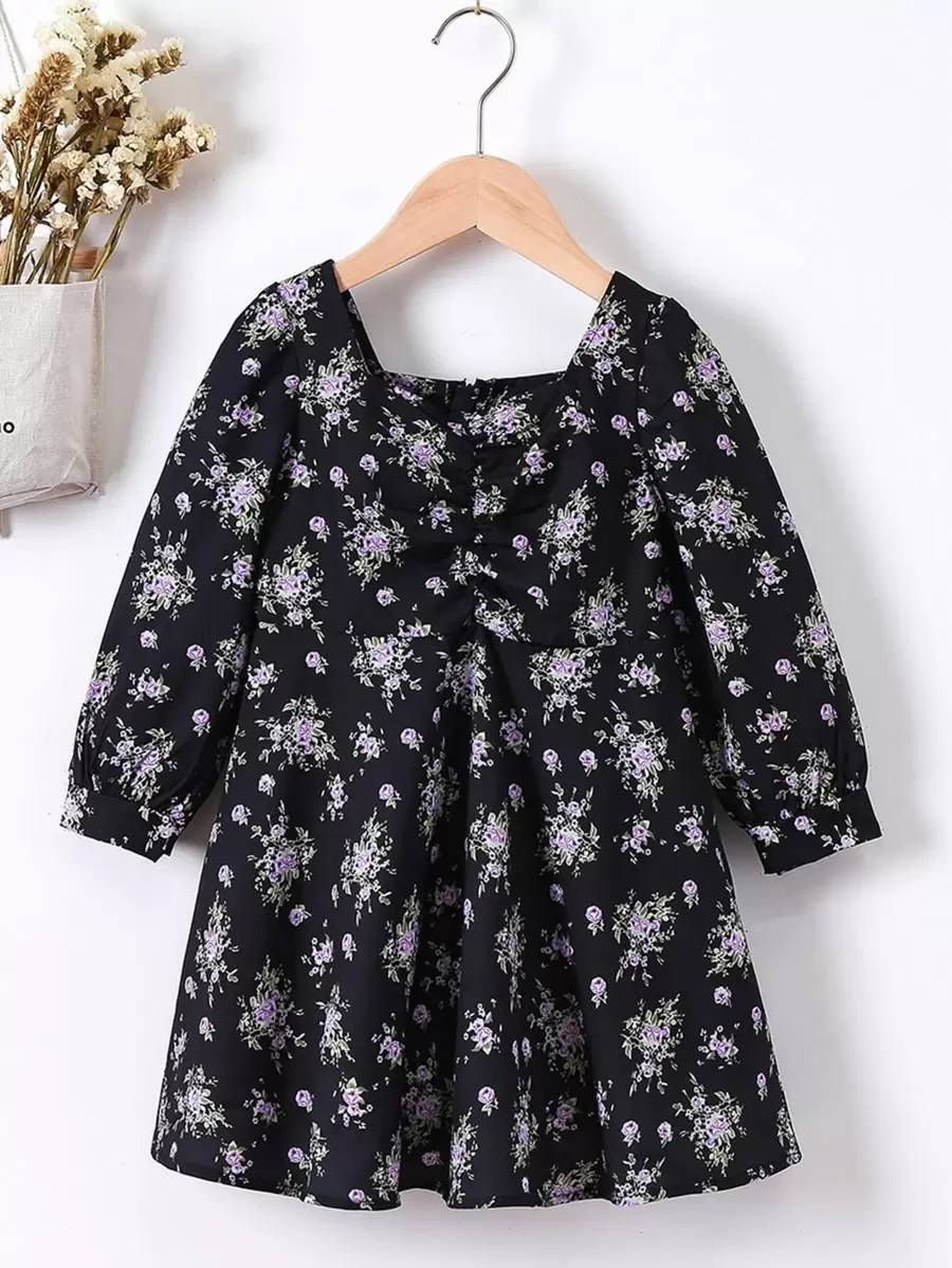 Toddler Girls Sweetheart Neck Floral Print Dress - Black - View 1