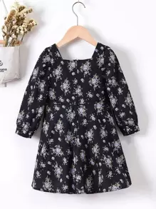 Toddler Girls Sweetheart Neck Floral Print Dress - Black - View 2