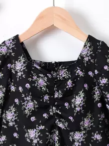 Toddler Girls Sweetheart Neck Floral Print Dress - Black - View 3