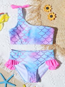 Young Girl Fish Scale Print One Shoulder Bikini Set Summer Beach