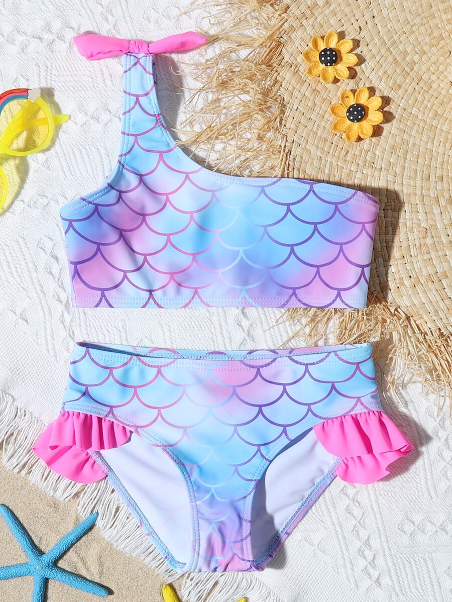 Young Girl Fish Scale Print One Shoulder Bikini Set Summer Beach