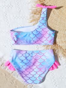 Young Girl Fish Scale Print One Shoulder Bikini Set Summer Beach